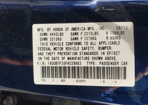 2015 Acura Tlx z USA, uszkodzony, nr VIN 19UUB1F30FA028663